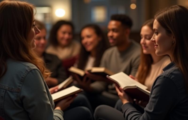 Group of people reading together, representing community.