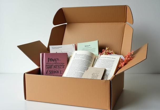 Image of a sample literary subscription box with contents.